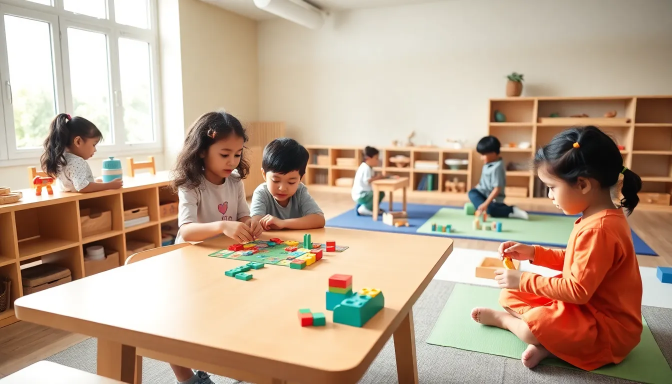 Children collaborating in a bright Montessori classroom setting.